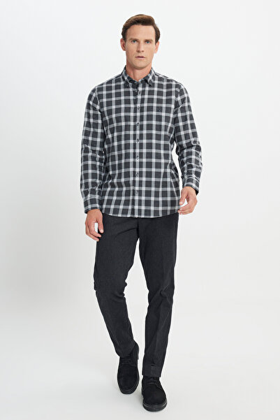 ALTINYILDIZ CLASSICS Men's Anthracite-Grey 100% Cotton Oxford Slim Fit Slim Fit Classic Lapel Print Shirt