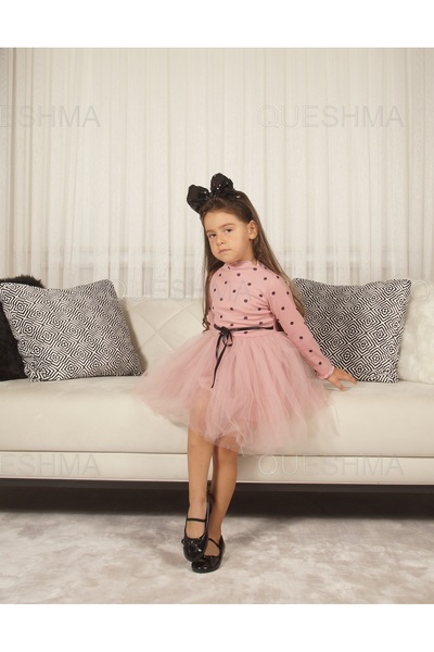 QUESHMA Kız Bebek Çocuk Prenses Kabarık Tütü Elbise Puantiyeli Uzun Kol Esnek Likralı Gül Kurusu Koyu Pembe