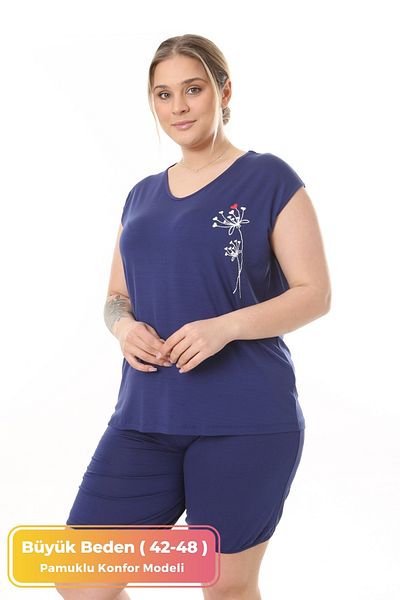 tarzımsüper Plus Size Navy Blue Curve Cotton Pajamas Set - Comfort Set with Double Shorts