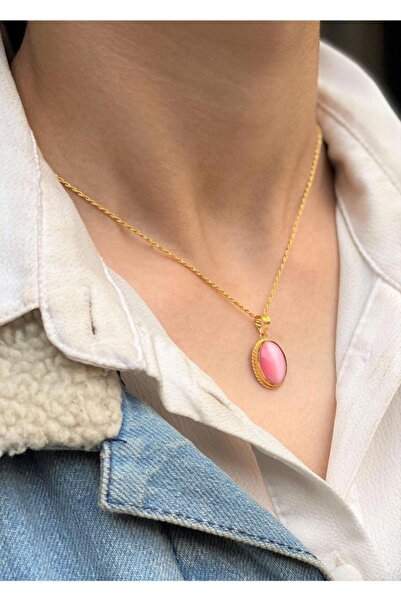 Bayar Gold 14 Ayar Altın Pembe Kaplan Gözlü Kolye