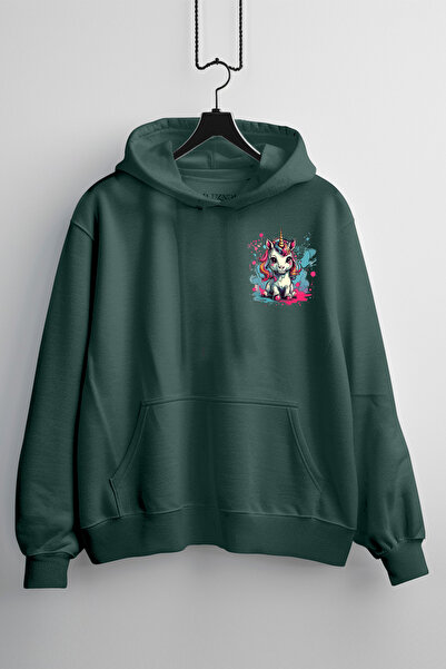 Zestia Hanorac unisex, Animale, Design cu unicorn imprimat, Regular, Verde în...