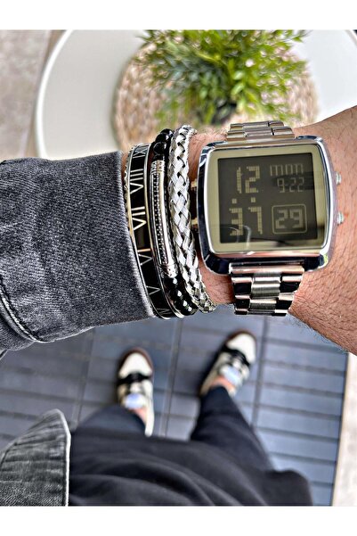 WATCHOFROYAL Çelik Kordonlu Silver Dijital Led Kol Saati Kare Kasa Ve Hardlex...