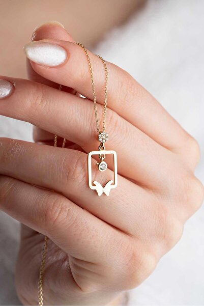 Bayar Gold 14 Ayar Altın Dikdörtgen Çerçeveli Kelebek Kolye