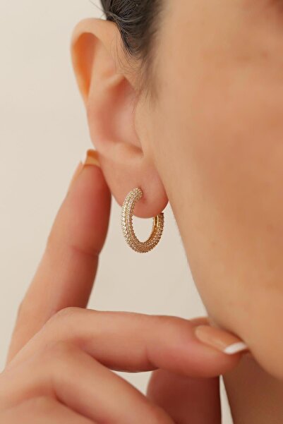 Bayar Gold 14 Ayar Altın Orta Boy Taş Sıralı Halka Küpe