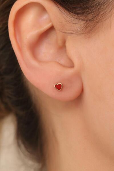 Bayar Gold 14 Ayar Altın Kırmızı Kalp Küpe