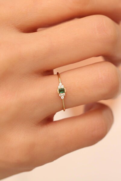 Bayar Gold 14 Ayar Altın Yeşil Taşlı Minimal Yüzük