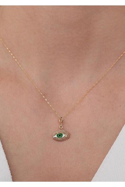Bayar Gold 14 Ayar Altın Upea Yeşil Kirpik Göz Charm Kolye