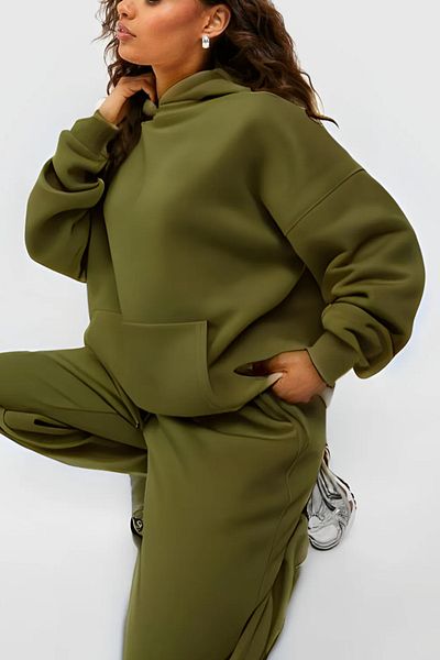 ruNadeS Women's 3 Thread Wide Fit Elastic Leg Hooded Tracksuit Set - Casual