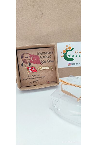 cacatasarım Taşlı Türk Bayraklı ve Atatürk İmzalı Yaka Rozeti Broş 2'li Set Ö...