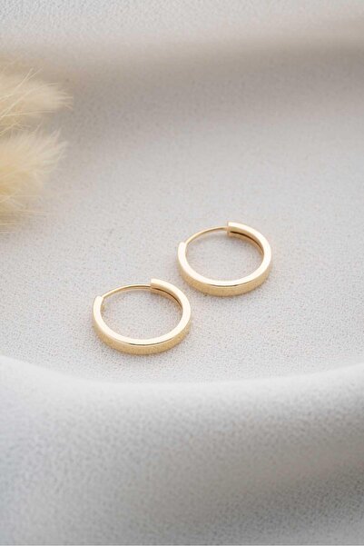 Bayar Gold 14 Ayar Altın Düz Halka Gizli Kilit Küpe 1.5 cm