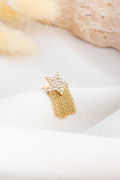 Bayar Gold 14 Ayar Altın Zincirli Taşlı Yıldız Küpe