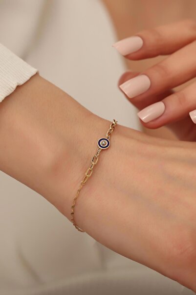 Bayar Gold 14 Ayar Altın Lacivert Mineli Ataş Bileklik