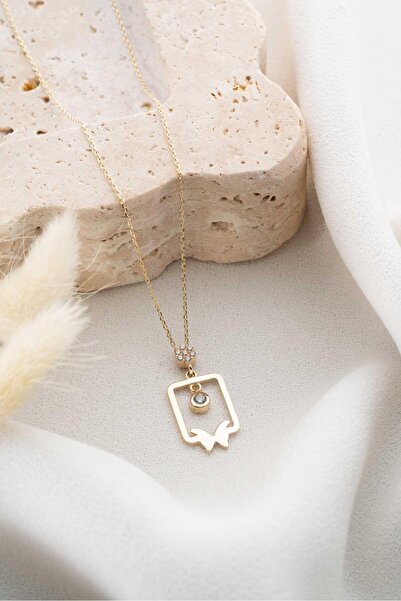 Bayar Gold 14 Ayar Altın Dikdörtgen Çerçeveli Kelebek Kolye