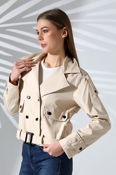 B.HE.Z Women's Cream Crop Trench Coat - Lined, Belt and Pocket Water Repellent Fabric