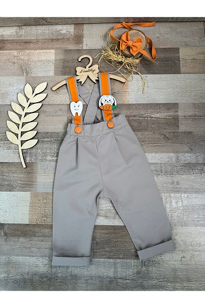 Feriatolye Tooth Wheat Baby Pants Smoke Color Orange Detailed Salopet Bow Tie Set