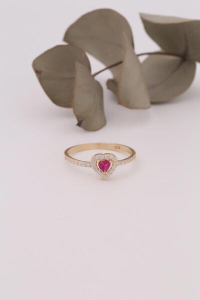 Bayar Gold 14 Ayar Altın Kırmızı Taşlı Kalp Yarımtur Yüzük