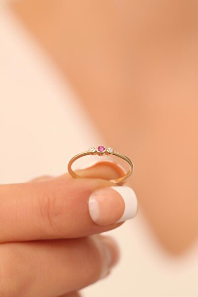 Bayar Gold 14 Ayar Altın Kırmızı ve Beyaz Taşlı Yüzük