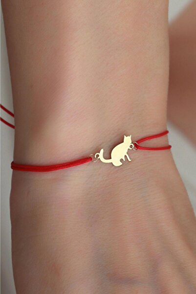 Bayar Gold 14 Ayar Altın Kedili Kırmızı İpli Bileklik