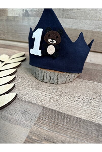 Feriatolye Handmade Navy Blue 1-Year-Old Teddy Bear Themed Birthday Crown, St...