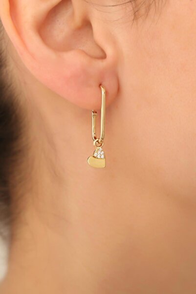 Bayar Gold 14 Ayar Altın Sallantılı Kalp Ataş Küpe