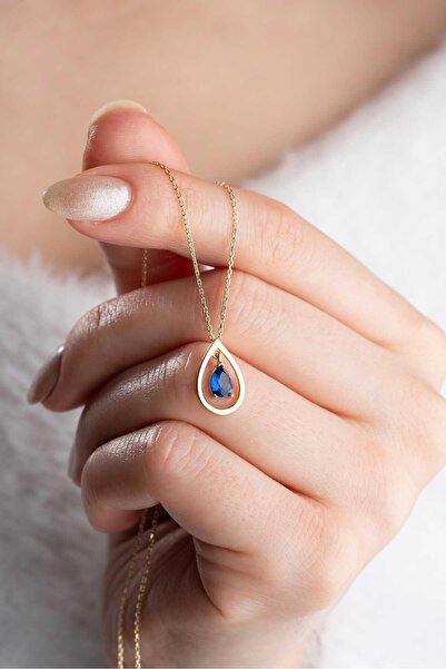 Bayar Gold 14 Ayar Altın Damla Mavi Taşlı Kolye