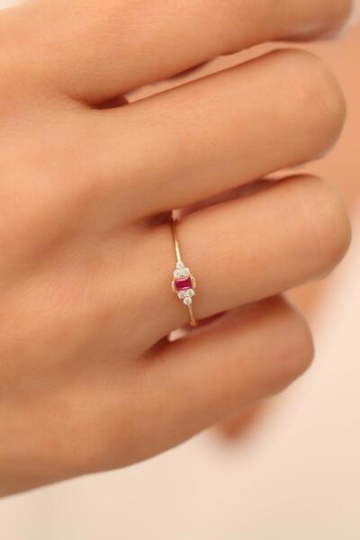 Bayar Gold 14 Ayar Altın Kırmızı Taşlı Minimal Yüzük