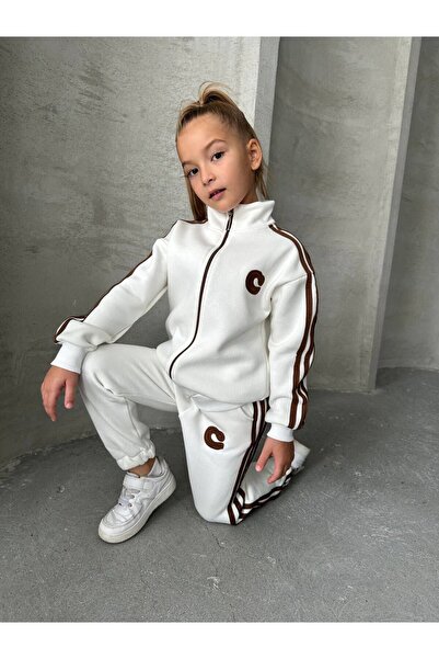 YARENKİDS Girl's Tracksuit Set Zippered 100% Cotton Bottom Top Raised Set