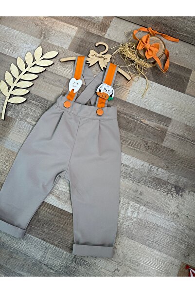 Feriatolye Tooth Wheat Baby Pants Smoke Color Orange Detailed Salopet Bow Tie Set