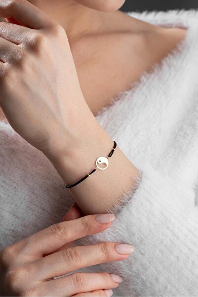 Bayar Gold 14 Ayar Altın Siyah İpli Ying Yang Bileklik