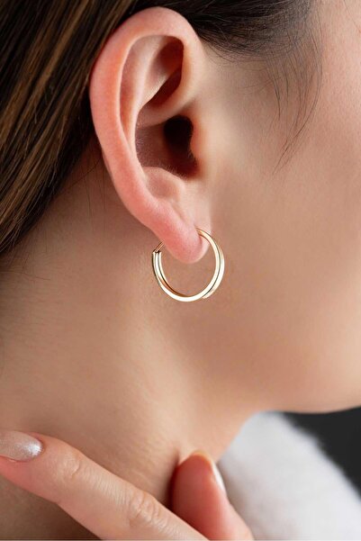 Bayar Gold 14 Ayar Altın Düz Halka Gizli Kilit Küpe 2.2 cm