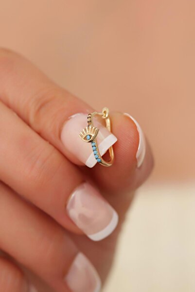 Bayar Gold 14 Ayar Altın Turkuaz Göz Detaylı Halka Küpe