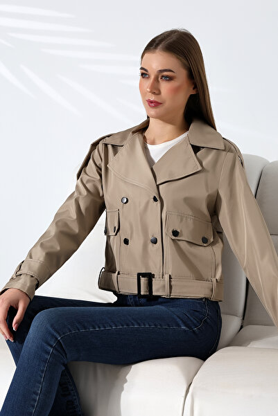 B.HE.Z Водовідштовхувальна тканина - жіночий укорочений тренч, з підкладкою, поясом і кишенями, візонь