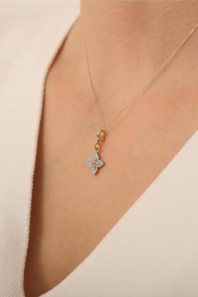 Bayar Gold 14 Ayar Altin Turkuaz Lotus Çiçeği Kolye