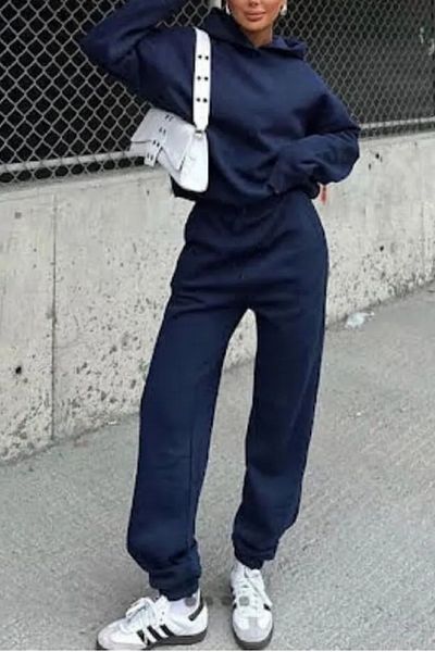 ruNadeS Women's Soft Textured Oversize Elastic Leg Kangaroo Pocket Tracksuit Set - Casual
