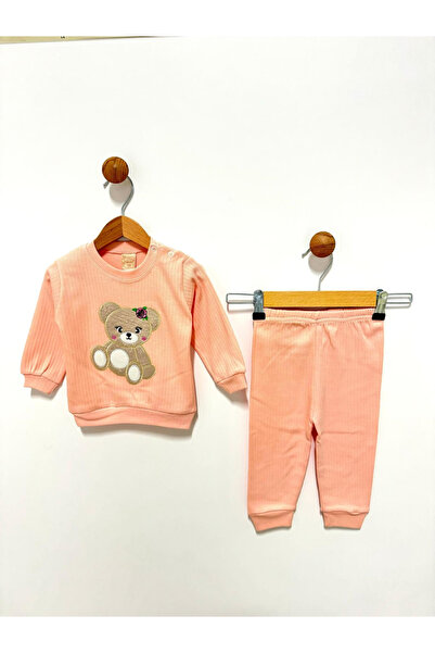 By Cwhr %100 Pamuk Ayıcık Nakışlı Kız Bebek Takım Mevsimlik Kız Bebek Takımı Kız Bebek Eşofman Takımı