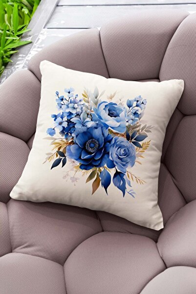 Şah Dekor Set de huse de pernă decorative din 4 piese, cu model floral albastru, crem