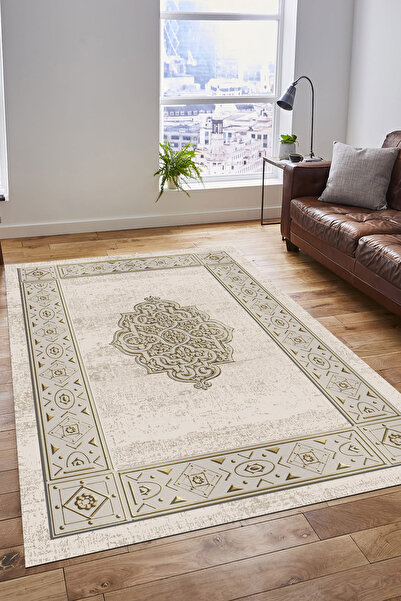 Halı Kaymaz Deri Taban Yıkanabilir Halı PL5457 Krem
