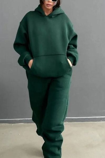 ruNadeS Women's Soft Textured Oversize Elastic Leg Kangaroo Pocket Tracksuit Set - Casual