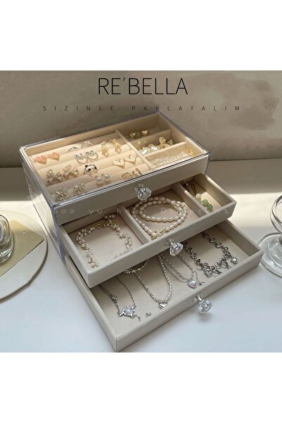 Elioure 3 Çekmeceli Bölmeli Şeffaf Takı Kutusu | Mücevher Saklama Kutusu | Bej ve Gri Renk Seçeneği