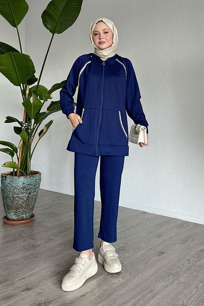 InStyle Zippered Shepherd Stitching Navy Blue Double Set