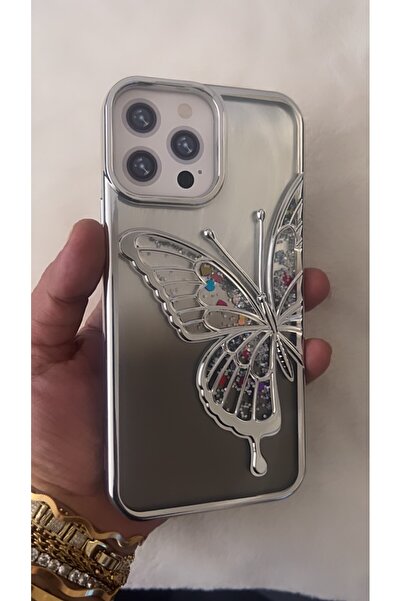 By Semra İphone 13 Pro Max uyumlu Kelebek Figürlü Sulu ve İçi Simli Şeffaf Sl...