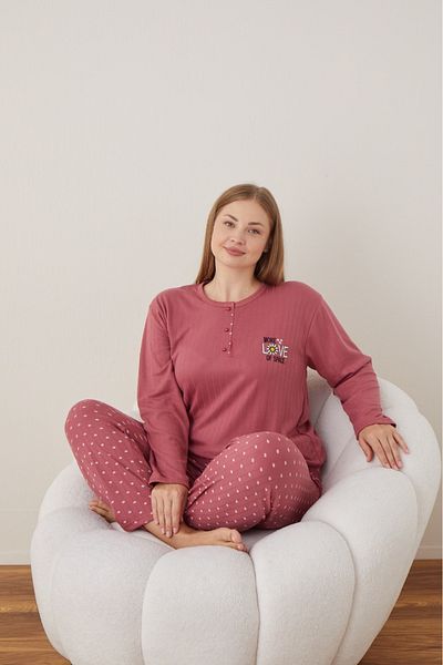 wear treasure Women's Winter Plus Size Curve Embroidered Patterned Collar Buttoned Long Sleeve Pajama Set