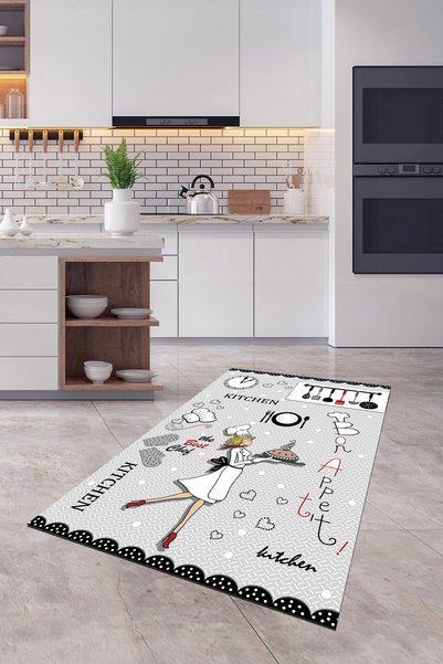 Pamuklife Halı Kaymaz Deri Taban Yıkanabilir Mutfak Halısı PL5077 Gri
