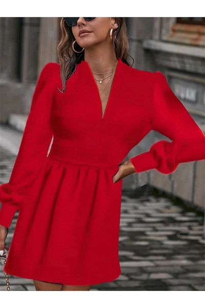 MRA Fashion Women's Long Sleeve V-neck Light Waist Pleated Scuba Crepe Mini Length Dress