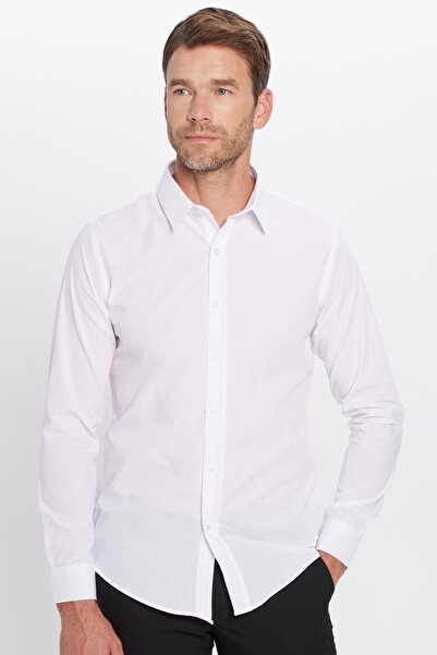 Tudors Erkek Slim Fit Dar Kesim Pamuklu Terry Cotton Kumaş Kolay Ütü Beyaz Gömlek
