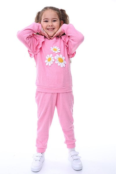 minikiss Cotton Daisy Embroidery Embroidered Shoulder Ruffle Tracksuit Bottom Top Girl's Two-Piece Set