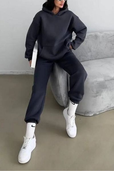 ruNadeS Women's Soft Textured Oversize Elastic Leg Kangaroo Pocket Tracksuit Set - Casual