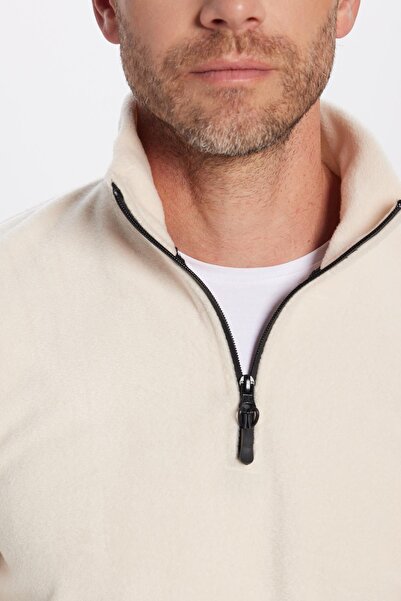 Tudors Unisex Standart Fit Rahat Kesim Tüylenme Yapmayan Soğuk Geçirmez Bej Dik Yaka Polar Sweatshirt