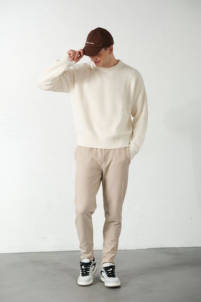 Domoda Ανδρικό πλεκτό παντελόνι Beige Honeycomb Pique - Άνετη εφαρμογή, κορδόνια, ελαστικά και ελαστικά @barletta