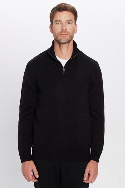 Tudors Černý pánský svetr Slim Fit – Slim Fit, Dobby, na zip, stojáček